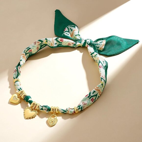 Women’s Versatile Silk Scarf Necklace with Gold-Plated Star Moon Heart Charms, A - Picture 7 of 7